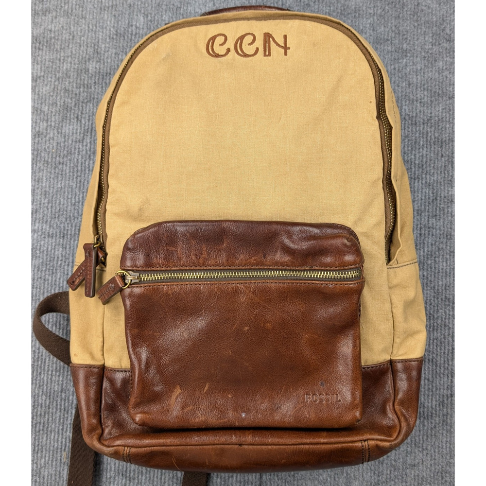 Vintage Fossil Backpack Canvas Leather Travel Rugged Zip Natural Fiber Brown